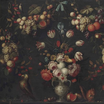 Roses, Hydrangeas, Parrot Tulips and Other Flowers in a Porcelain Vase by Pseudo Simons